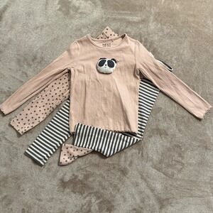 Next Girls 3pc Ribbed Panda Set Pink Top Striped Polka Dot Leggings 4-5Y NWT